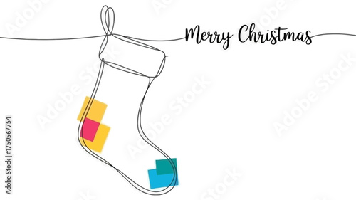 Minimalist single line drawing of a christmas stocking with colorful accents and merry christmas text