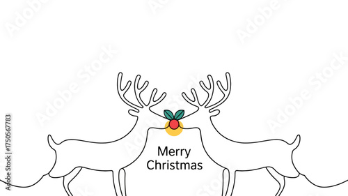 Minimalist merry christmas greeting with two reindeer and holly berry decoration