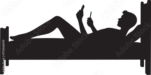 Silhouette of person lying in bed using two mobile phones