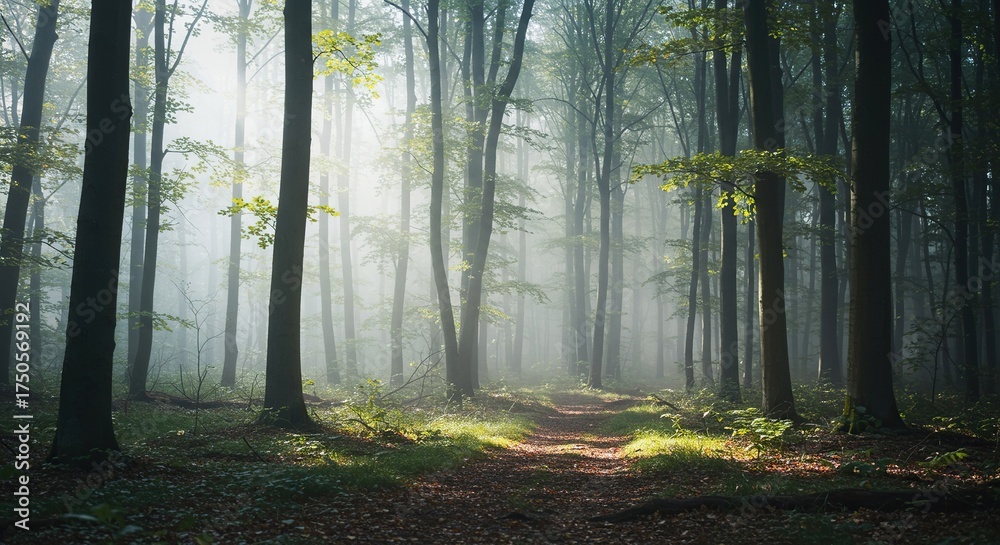 Naklejka premium Envision a mystical forest bathed in soft, ethereal light, creating an otherworldly, enchanting atmosphere for wondrous dreams ,magical ,fairytale ,etherealbeauty