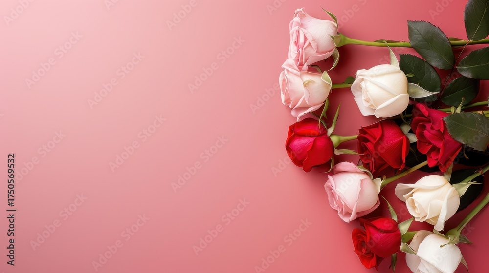 Fototapeta premium Beautiful Arrangement of Fresh Red and White Roses on a Soft Pink Background for Romantic Occasions