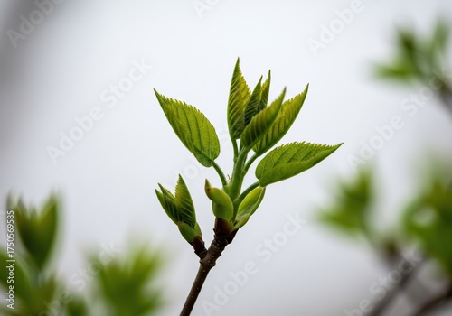 Fresh green spring leaves unfurl from a nascent bud, symbolizing vibrant growth and new beginnings against a crisp white backdrop ,minimalist ,light ,hope