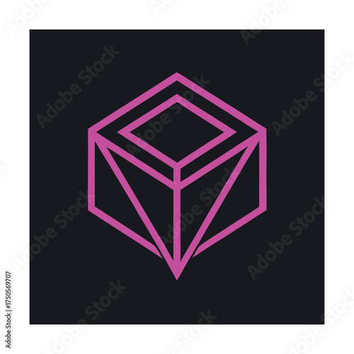 Pink Geometric Wireframe Cube Shape on Dark Gray Background abstract bright