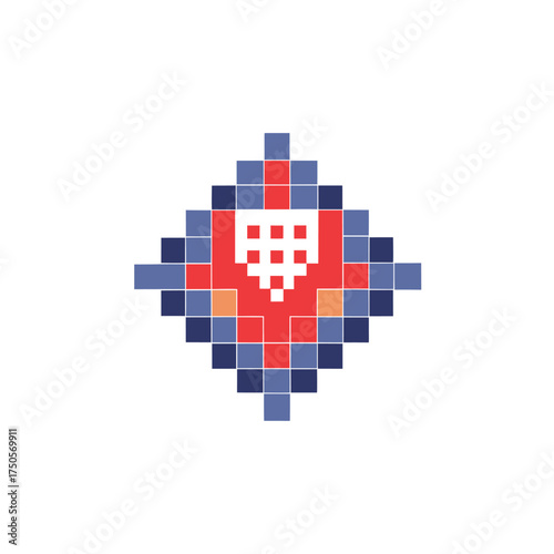 Pixel art diamond shape with red and blue squares on white Keywords: pixel art, diamond, shape, geometric, red, blue, orange, white, background
