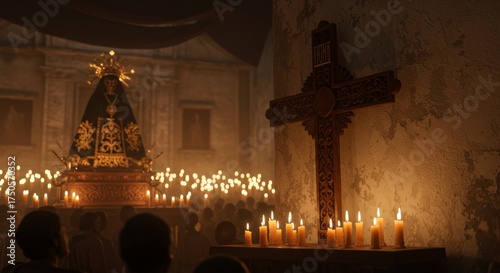 Black Nazarene Feast, ornate cross and glowing candles near church wall