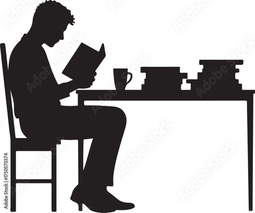 Silhouette of person reading book at desk with coffee and books