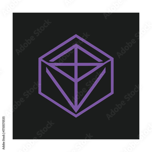 Purple Geometric Wireframe Cube Shape on Black Background abstract bright