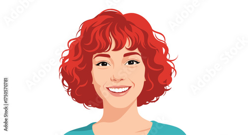 Close up portrait of a smiling young woman with curly red hair.