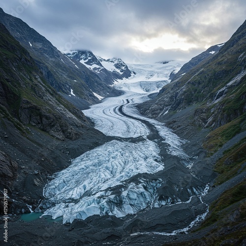 Majestic glacial valley showcasing distinct step-like terraces, resembling a natural ladder formation carved by ancient forces ,high elevation ,scenic ,breathtaking