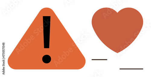 Orange triangle with exclamation mark and heart icon representing caution and care. Ideal for safety, health, attention, support, empathy, warnings, and emotions, simple flat metaphor