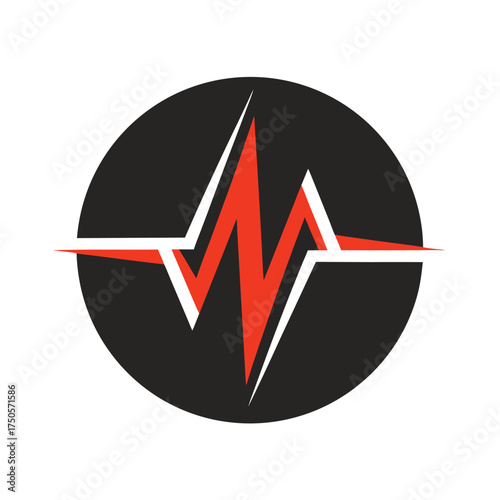 Red and white abstract waveform symbol inside a black circle on white background