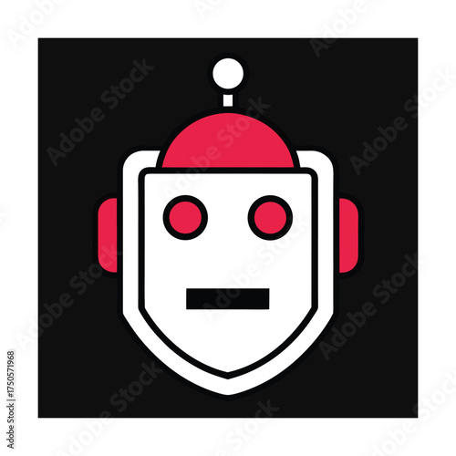 Red and White Robot Head Icon with Black Outline and Antenna Keywords: robot, icon, head, face, character, android, artificial intelligence, AI