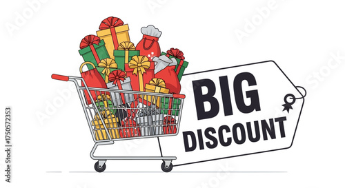 Shopping Cart Filled with Gifts and Discount Offer in a Grassy Landscape