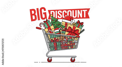 Shopping Cart Filled with Gifts and Discount Offer in a Grassy Landscape