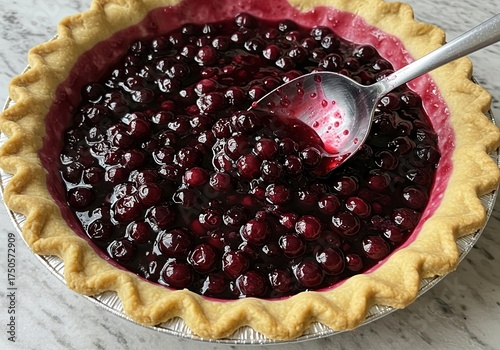 Vibrant blueberry pie filling, bubbling gently, is ready to be spooned into a golden crust, promising a delicious homemade dessert ,gourmet ,wholesome ,treat