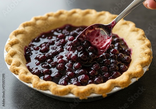 Vibrant blueberry pie filling, bubbling gently, is ready to be spooned into a golden crust, promising a delicious homemade dessert ,healthy ,rich ,texture