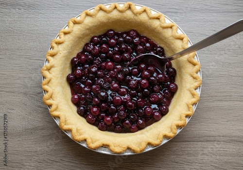 Vibrant blueberry pie filling, bubbling gently, is ready to be spooned into a golden crust, promising a delicious homemade dessert ,treat ,spread ,macro