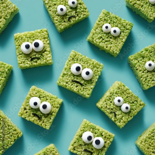 Adorable green rice crispy squares with expressive googly eyes on vibrant teal background, playful candy snack treats perfect for kids parties and fun desserts