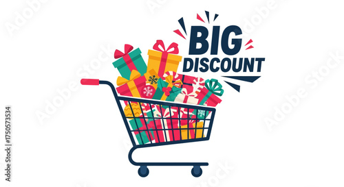 Big Discount Shopping Cart Filled With Gifts and Presents - Concept Illustration