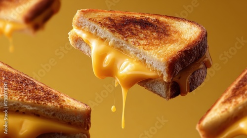 Close-up of hot melted cheese dripping from toasted bread sandwich on yellow background with crispy texture and golden brown crust