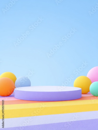 Pastel-colored stage with platform and spheres against a light blue backdrop, clean and minimal