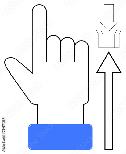 Raised hand gesture pointing upward, arrow indicating movement, and unopened box suggesting action or interaction. Ideal for navigation, interaction, selection, direction, instruction, e-commerce