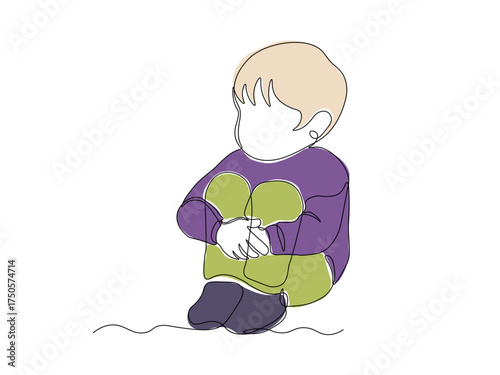 Child a little boy without a face sits on the floor and cries, resentment, pain, bullying, continuous single line art hand drawing sketch, logo on white background