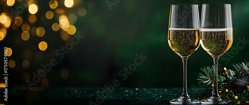 Two glasses of champagne on a dark green background with golden bokeh lights, leaving space for text