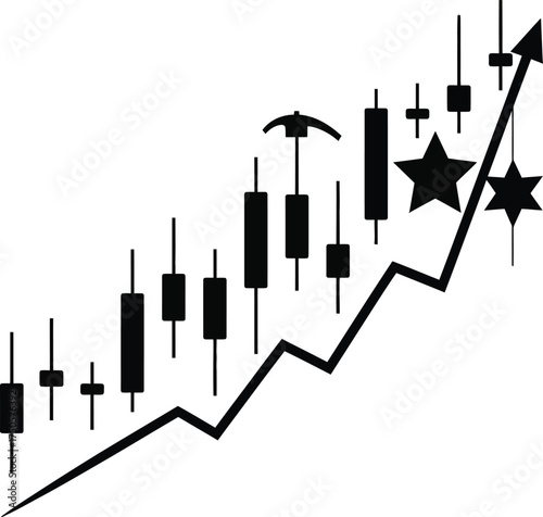 Stock market chart with upward trend and candlestick patterns isolated on white background for investment analysis