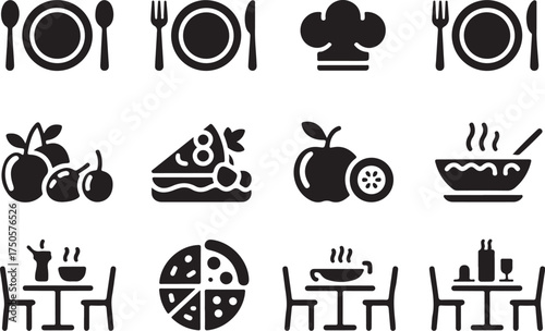 Food dining icons, chef hat, fruit, cake, pizza, soup