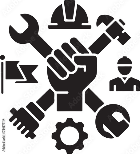 Strong fist holds tools, symbolizing labor & industry power