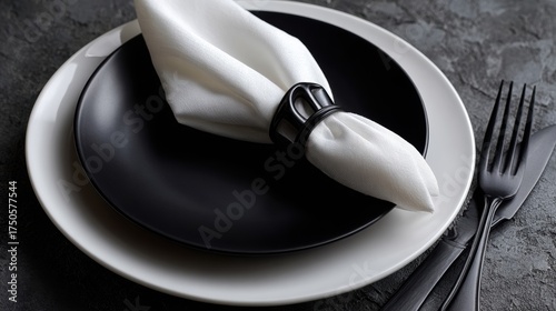 Elegant table setting with black and white ceramic plates, cloth napkin wrapped with , and matching cutlery for sophisticated dining presentation
