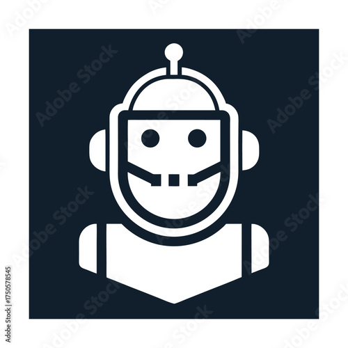 White robot icon with antenna and face on dark blue background android artificial
