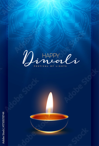 happy diwali holiday blue template with diya design