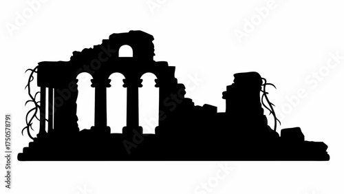 Ancient ruins silhouette, dramatic architecture with climbing vines, evoking mystery and historical intrigue