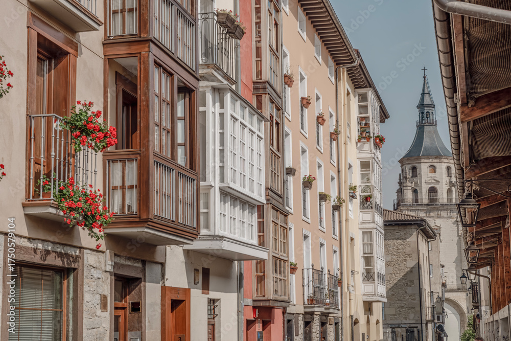 Obraz premium Old Town Street with Cathedral View in Vitoria-Gasteiz, Basque Country, Spain