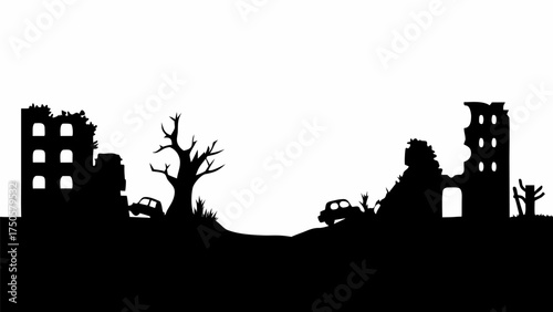 Post apocalyptic silhouette with ruined buildings and abandoned cars evokes a sense of desolation and decay