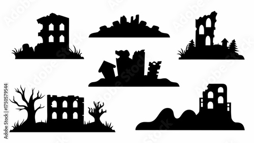 Spooky Halloween night silhouettes, ancient ruins and creepy old buildings for scary themed designs and concepts