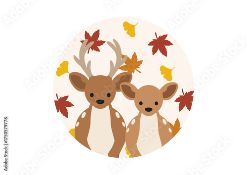 紅葉とイチョウに囲まれたかわいい鹿のベクターイラスト素材