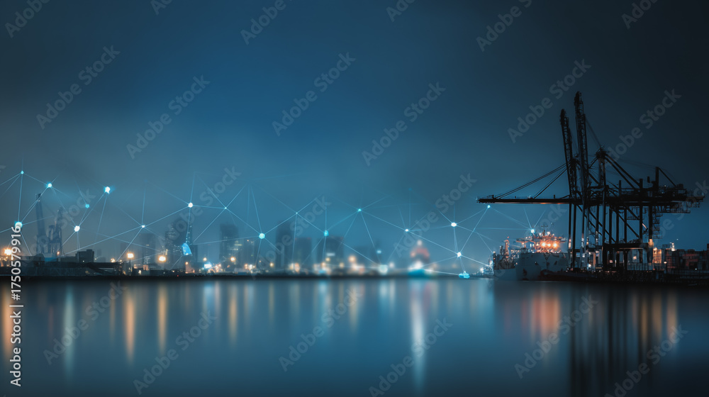 Fototapeta premium Smart Innovation connection cyber security Container truck in ship port for business Logistics transportation of Container Cargo ship Cargo plane with working crane bridge in shipyard at Twiligh