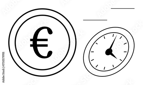 Euro coin beside a simple clock emphasizing value, efficiency, and financial time management. Ideal for finance, savings, investments, productivity, time tracking, budgeting simple flat metaphor
