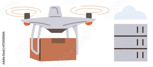 Flying quadcopter carrying a package with warehouse backdrop. Ideal for delivery, logistics, technology, innovation, e-commerce, automation, supply chain concepts. Simple flat metaphor