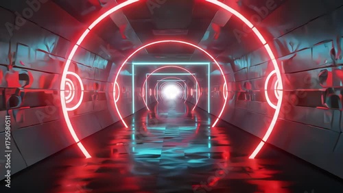Futuristic Sci-Fi Tunnel with Red and Cyan Neon Lights
