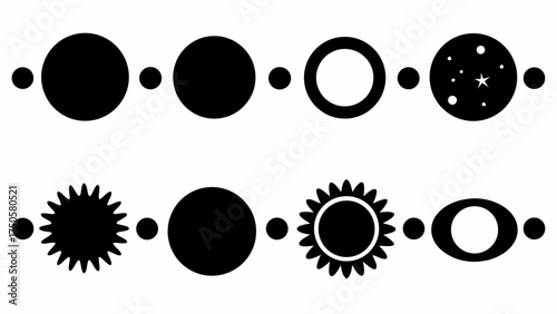 Simple phase icons showing planetary or solar system development, progression, changes or transformation