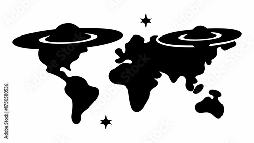 World map with UFOs, a unique flat design for your creative projects. Simple, bold graphic with cosmic stars