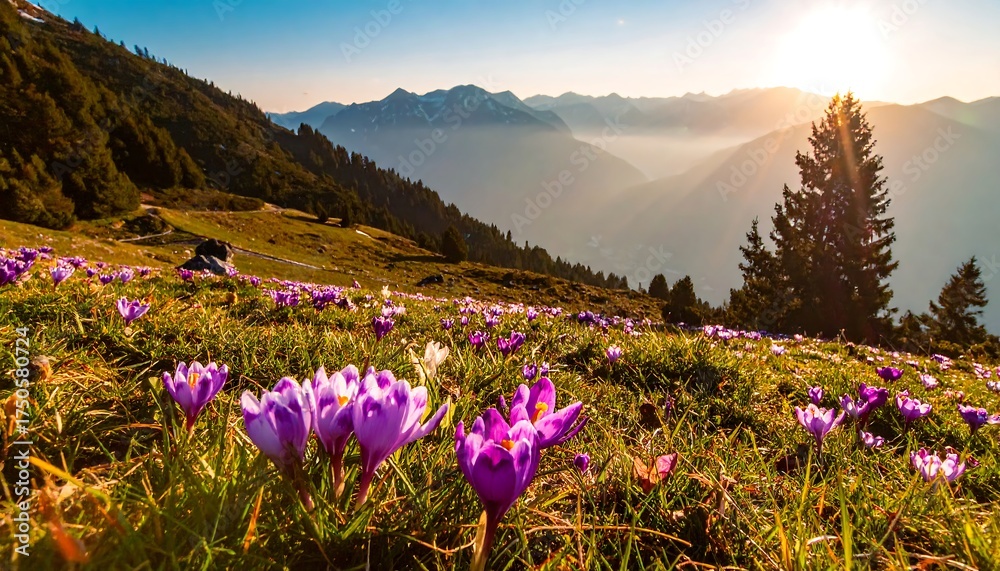 Obraz premium Sunny mountain landscape with purple flowers in foreground