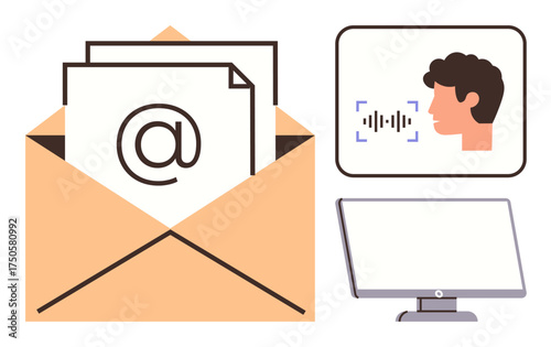 Open envelope with email icon, voice recognition with face and sound wave, monitor. Ideal for communication, messaging, AI, remote work, voice technology, computing simple flat metaphor