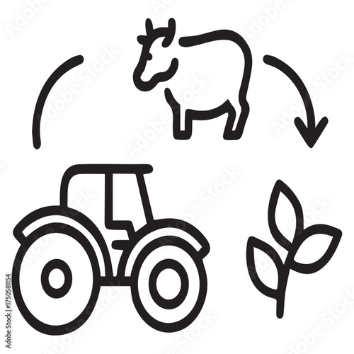 A line drawing depicts a cow transforming into a tractor and a plant, isolated on white background, symbolizing agricultural processes and the connection between livestock, machinery, and crops