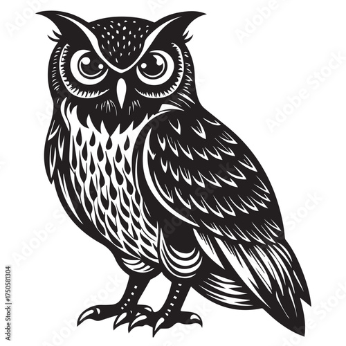 Detailed black and white illustration of an owl perched, isolated on white background the owls feathers and eyes are intricately designed, showcasing its wisdom and nocturnal nature