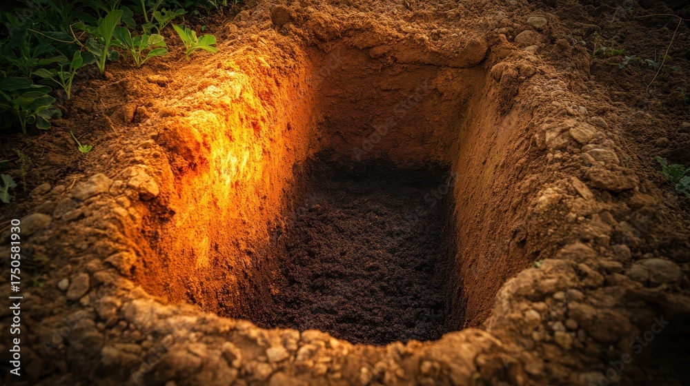 Obraz premium An overhead view of a freshly dug grave in natural sunlight